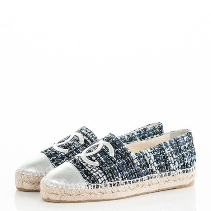 Chanel Metallic Tweed Patent CC Espadrilles 37 Blue Black Silver 3 of 8