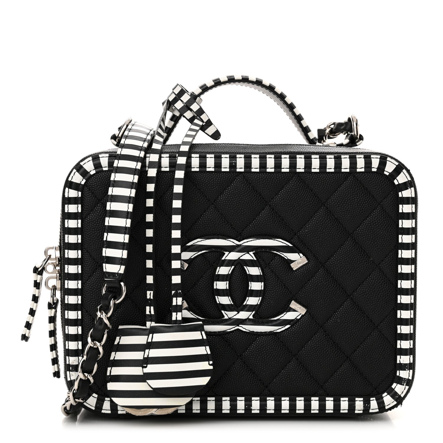 Chanel Caviar Quilted Striped Medium CC Filigree Vanity Case Black White 1 of 11