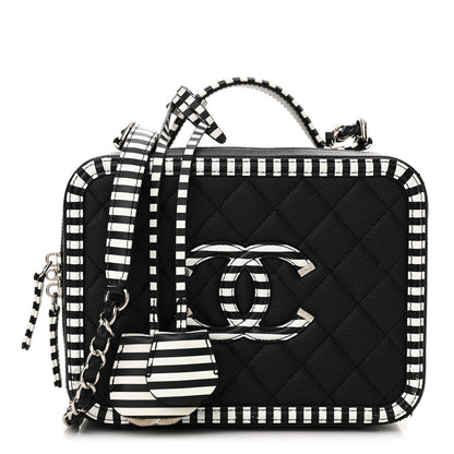 Chanel Caviar Quilted Striped Medium CC Filigree Vanity Case Black White 1 of 11