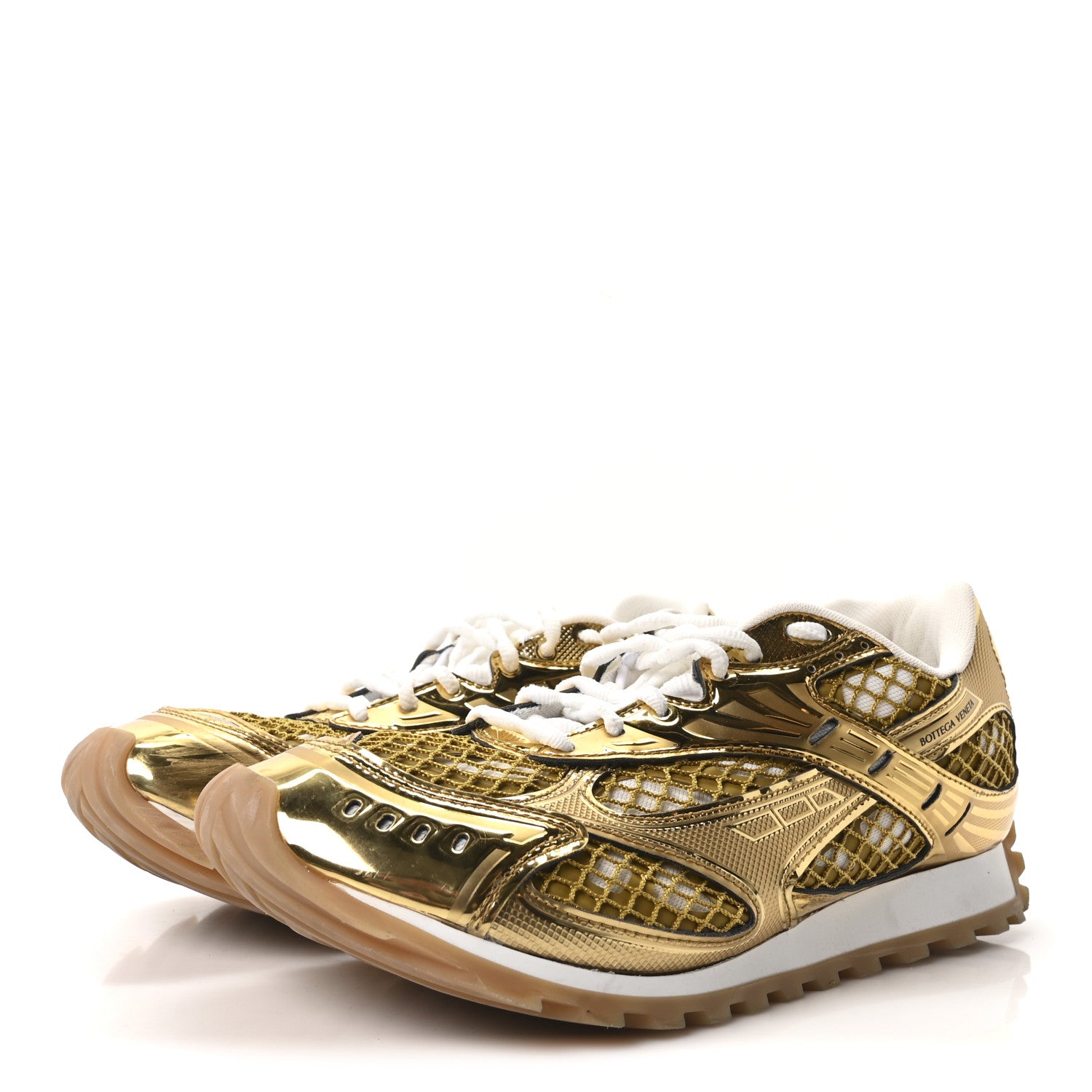 Bottega Veneta Calfskin Fishnet Fabric Orbit Sneakers 41 Gold White 4 of 9