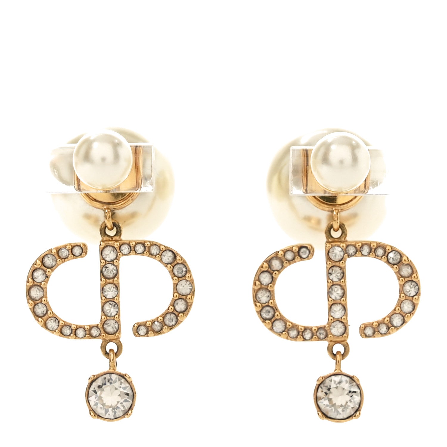 Christian Dior Pearl Crystal Tribal CD Drop Earrings Gold 1 of 4