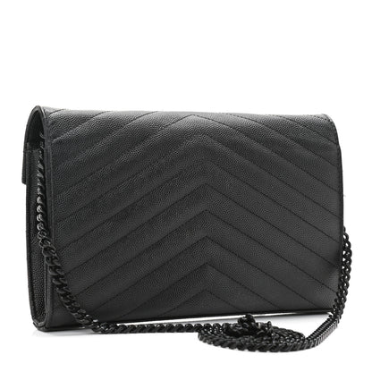 Saint Laurent Grain De Poudre Matelasse Chevron Monogram Chain Wallet Black 3 of 13