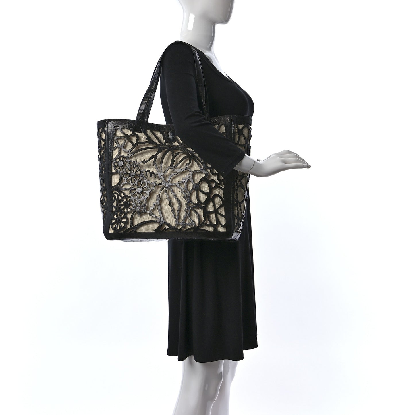 Canvas Crocodile Floral Laser Cut Tote Black