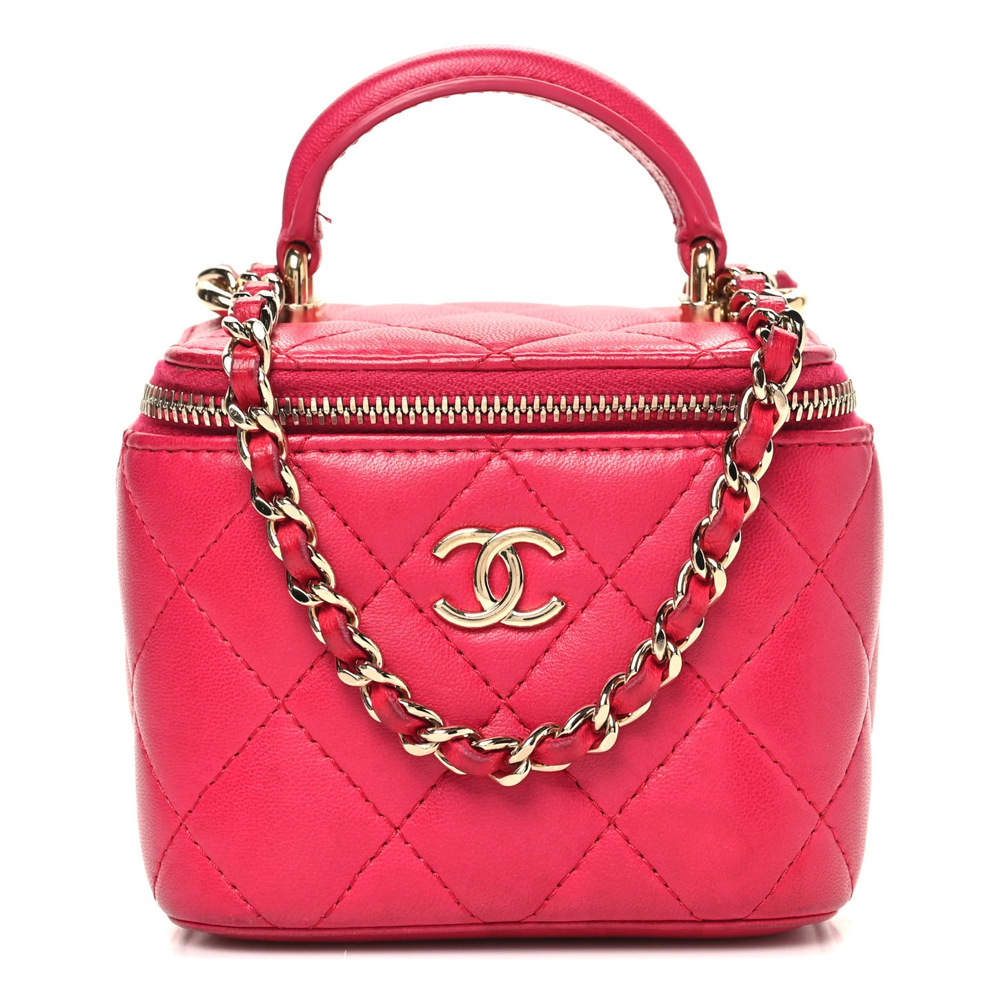 Lambskin Quilted Mini Top Handle Vanity Case With Chain Dark Pink