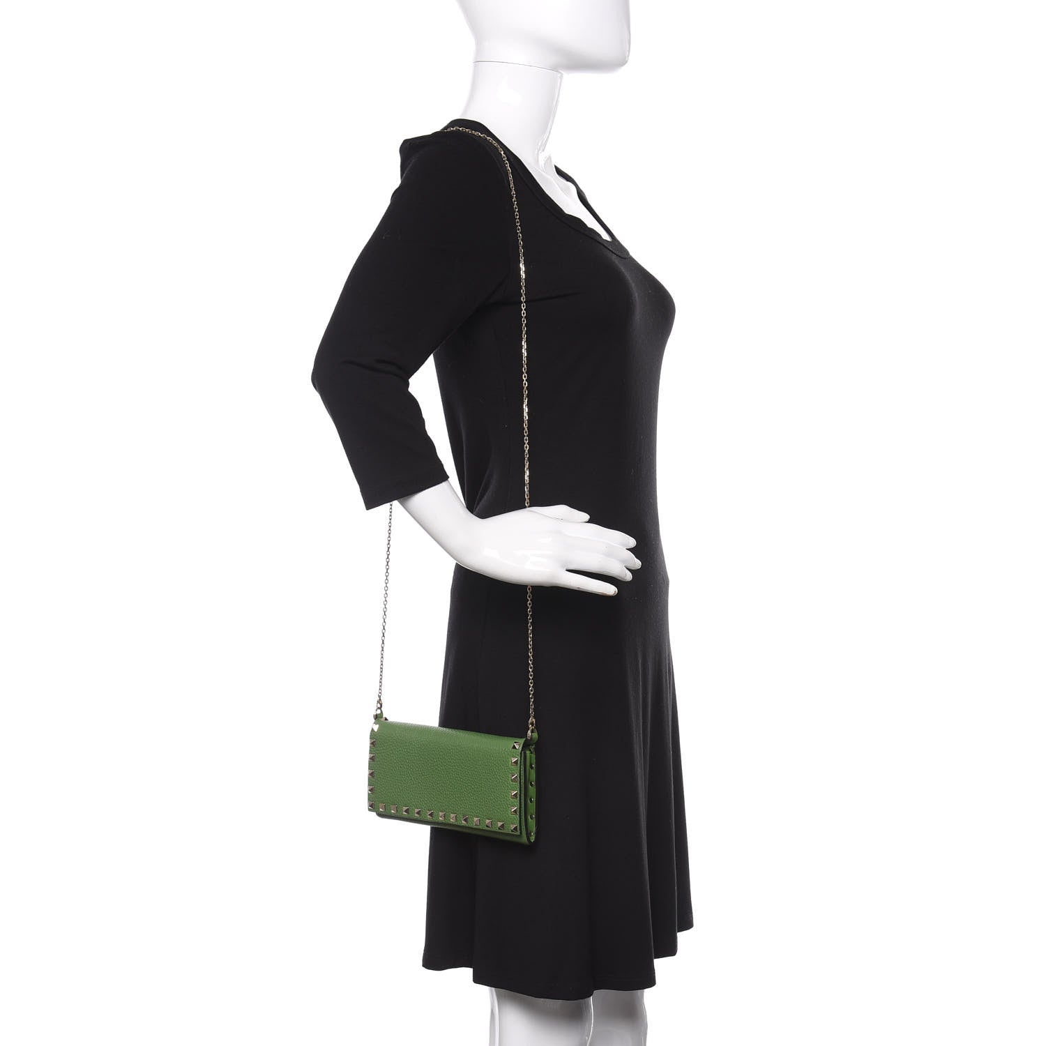 Valentino Garavani Pebbled Calfskin Rockstud Flap Wallet On Chain Deep Clover 2 of 13