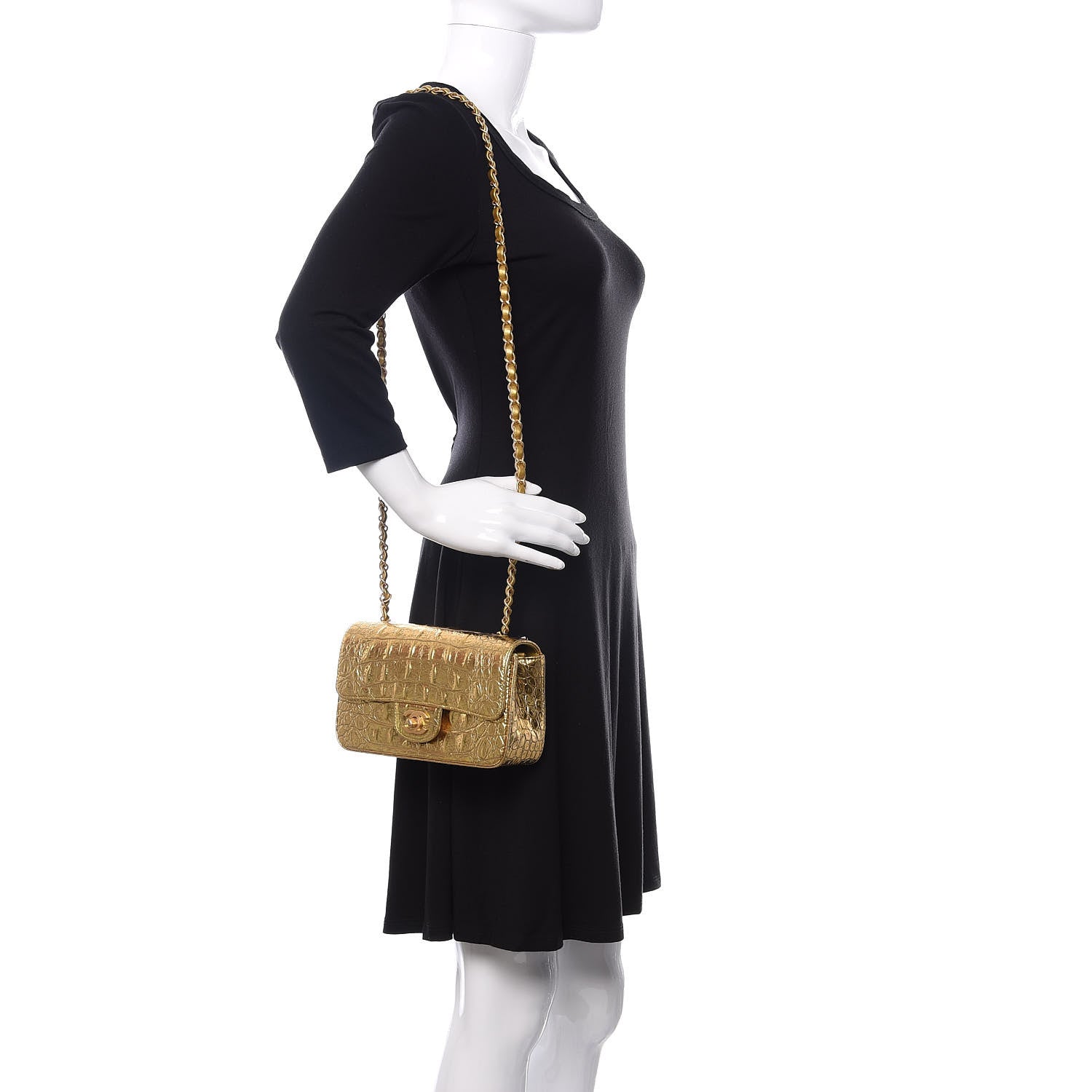Chanel Metallic Calfskin Crocodile Embossed Cocodile Rectangular Mini Flap Gold 2 of 11