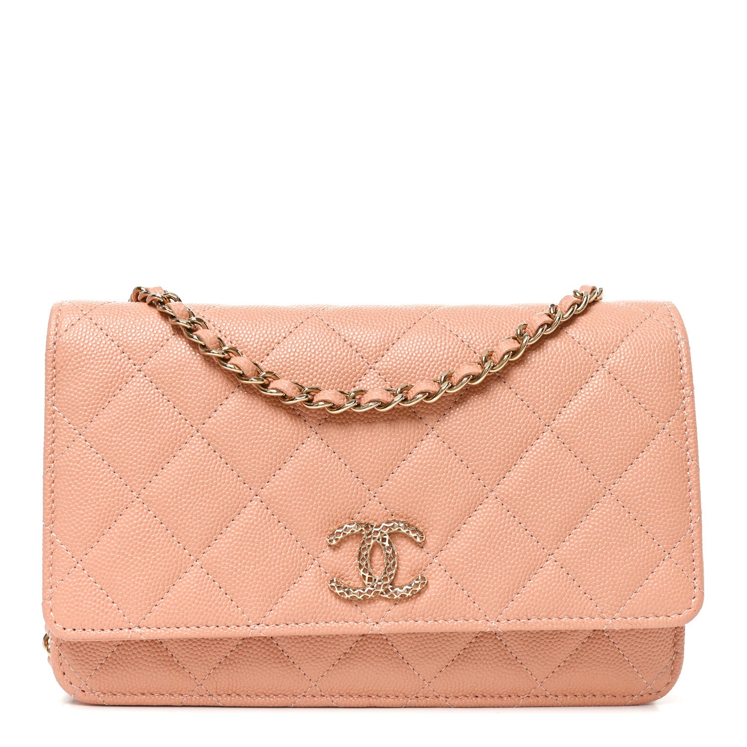 Chanel Caviar Quilted Perforated Metal CC Wallet On Chain WOC Beige 1 of 11