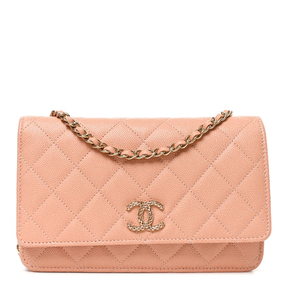 Chanel Caviar Quilted Perforated Metal CC Wallet On Chain WOC Beige 1 of 11