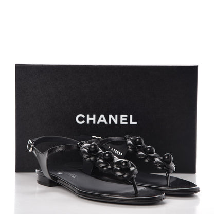 Chanel Lambskin Camellia Thong Sandals 37.5 Black 8 of 9