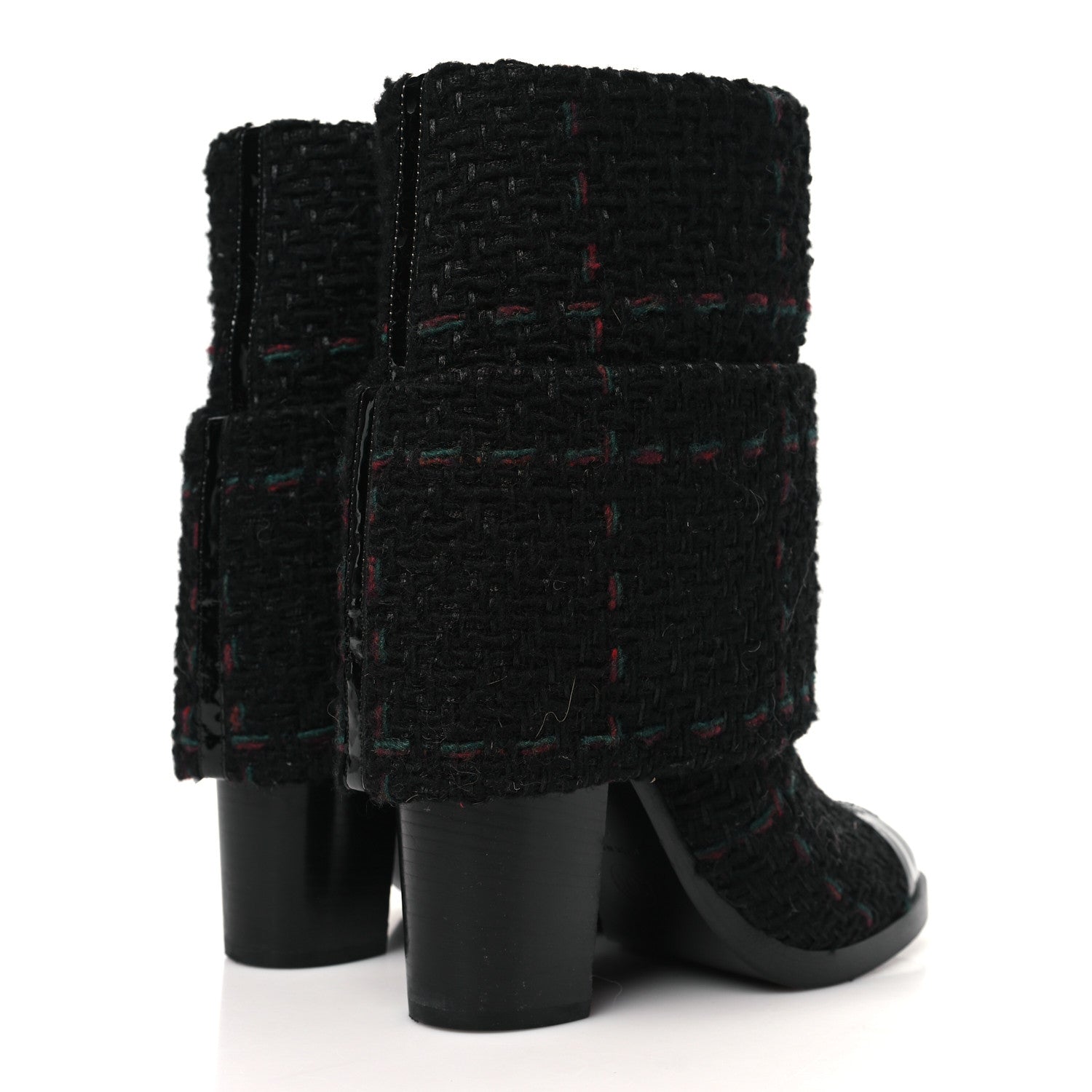 Chanel Tweed Patent CC Cap Toe Fold Over Boots 37 Black 5 of 10