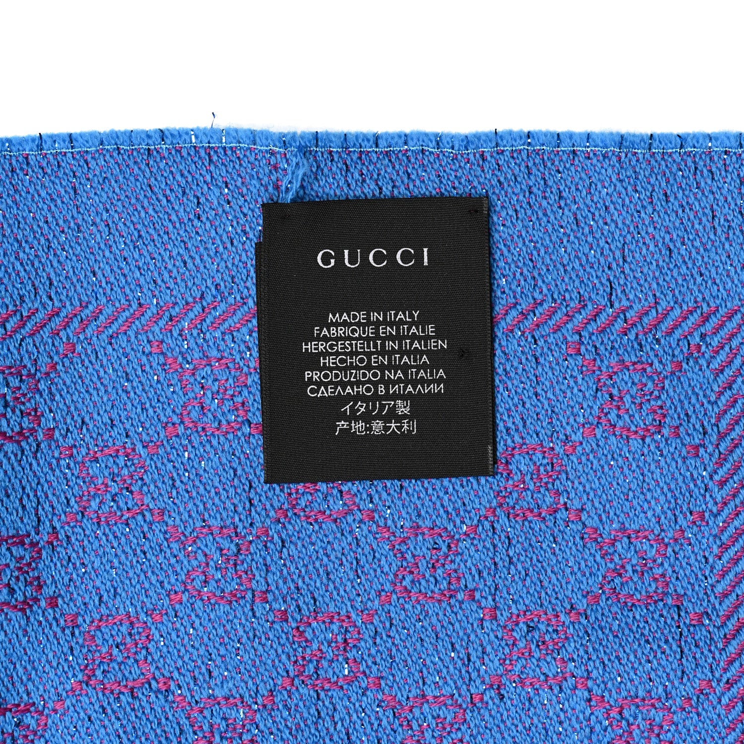 Gucci Wool Lame Jacquard GG Monogram Stenlux Scarf Fuxia Sky Blue 4 of 4