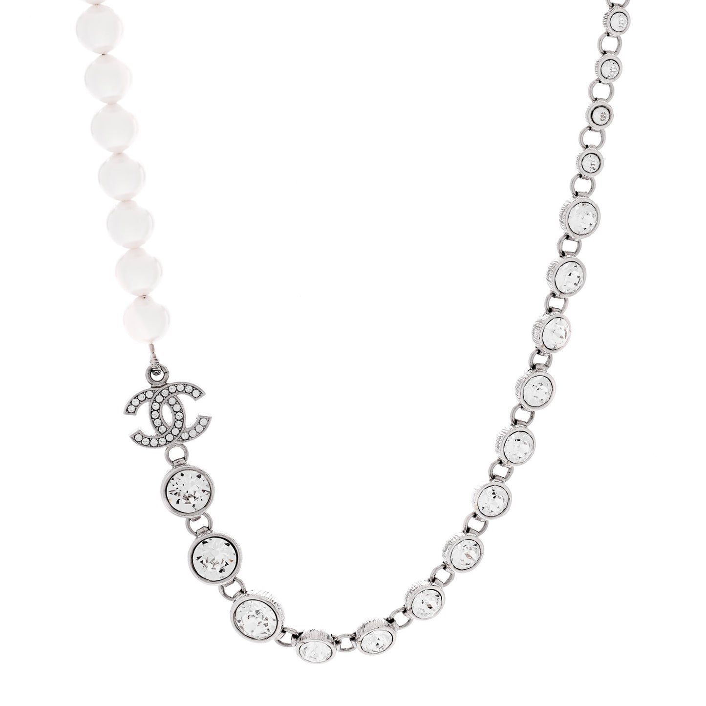 Pearl Crystal CC Choker Necklace Silver