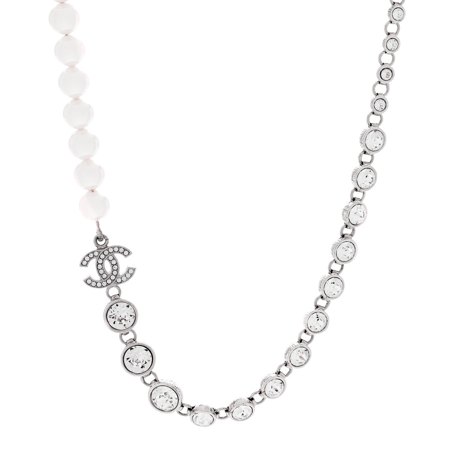 Chanel Pearl Crystal CC Choker Necklace Silver 1 of 3