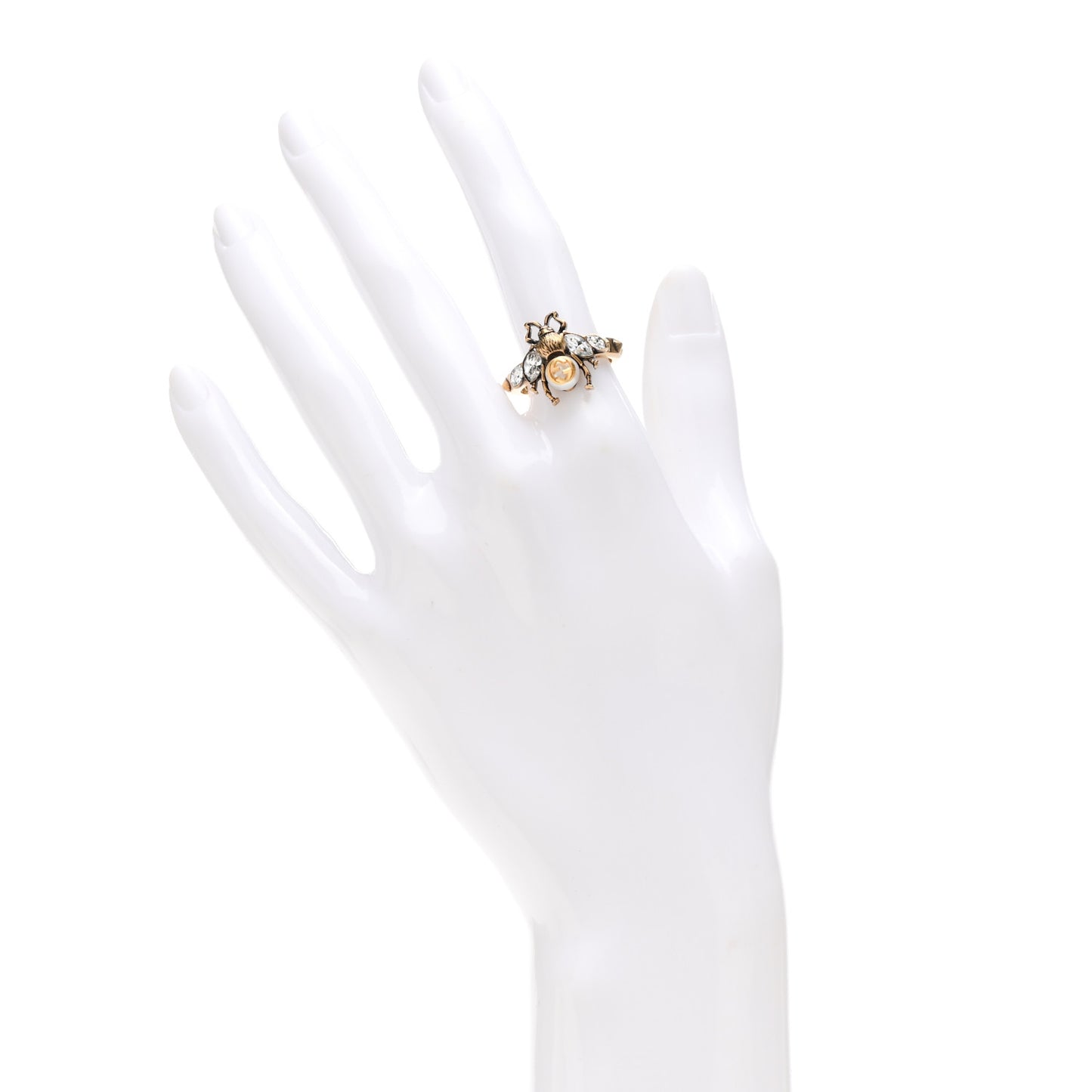 Metal Crystal Pearl Bee Ring S Aged Gold