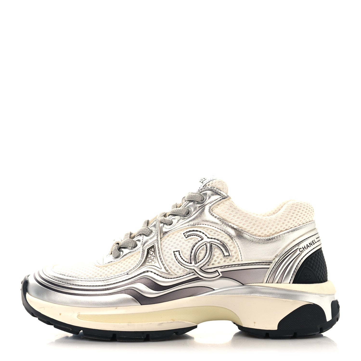 Chanel Fabric Laminated Calfskin Stretch CC Womens Sneakers 36 White Silver 1 of 8