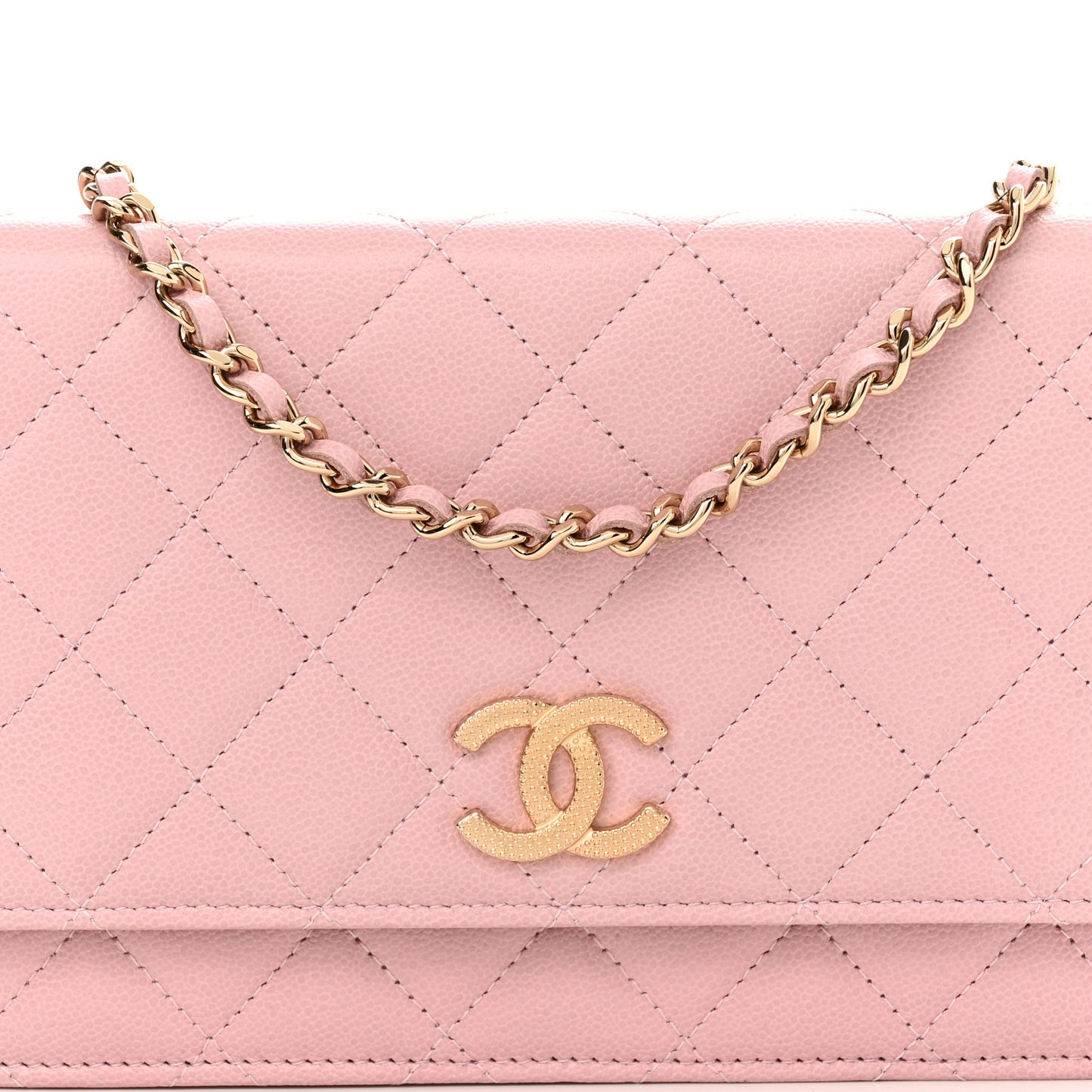 Caviar Quilted Studded CC Wallet on Chain WOC Light Pink
