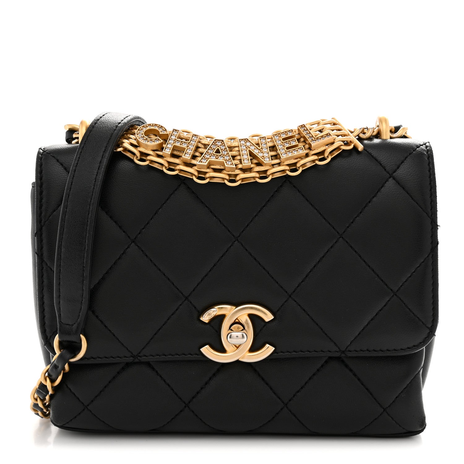 Chanel Lambskin Quilted Mini CC Crystal Logo Chain Flap Black 1 of 12