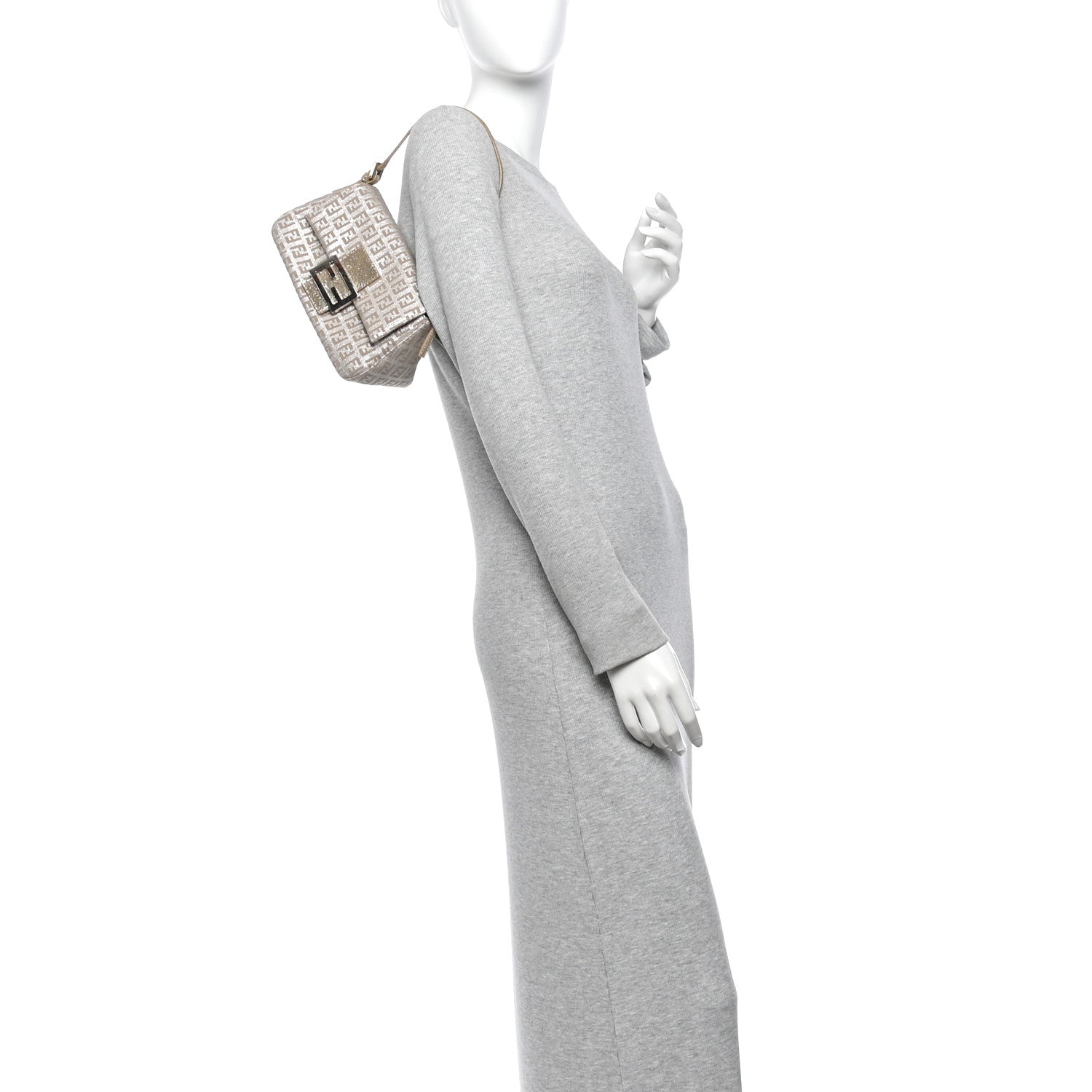 Fendi Metallic Jacquard Zucchino Suede Mini Mama Baguette Cipria Argento Grigio 2 of 13