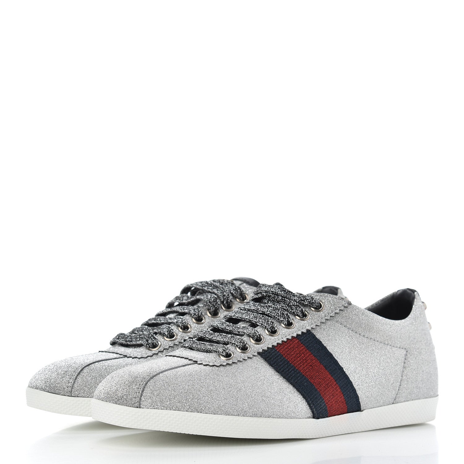 Gucci Glitter Fabric Studded Web Womens Sneakers 37.5 Silver 3 of 9