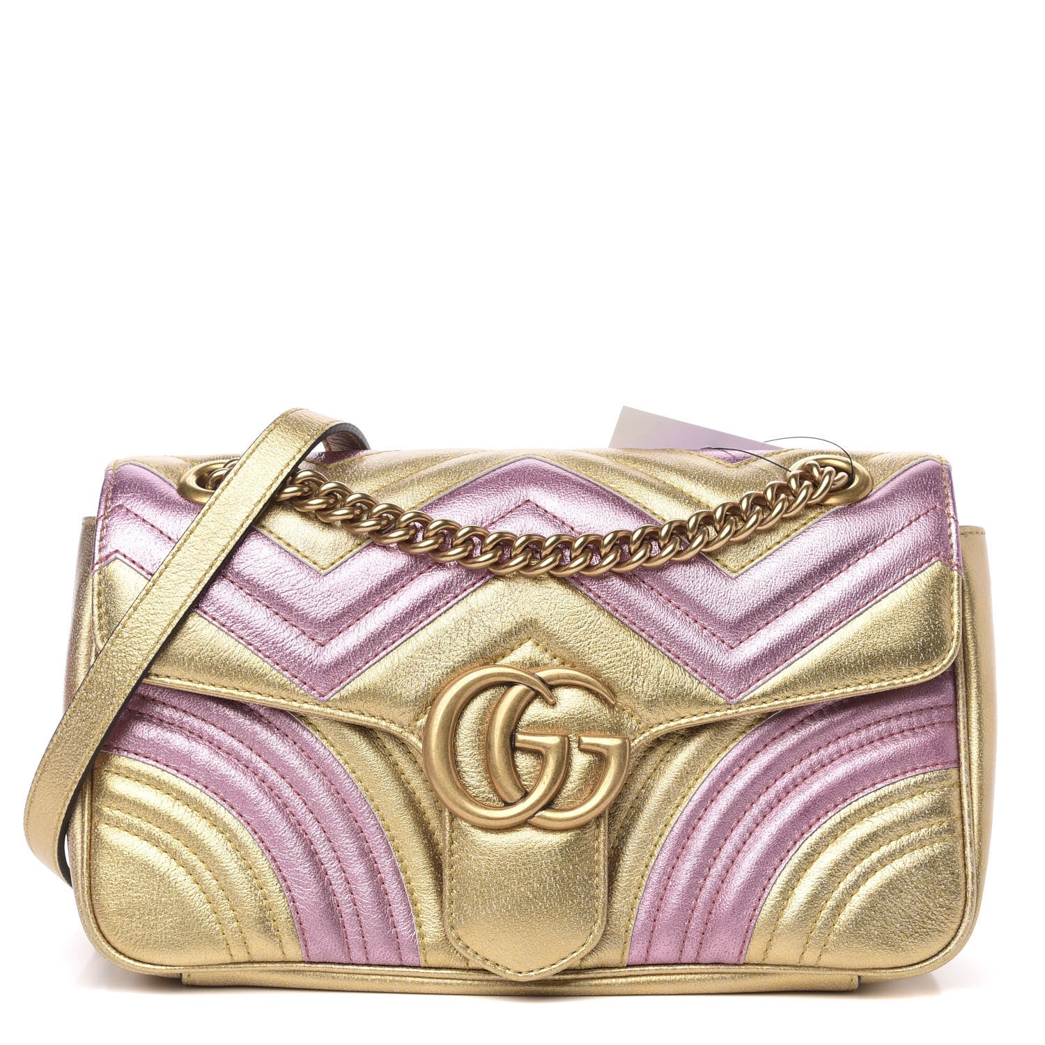 Gucci Metallic Calfskin Matelasse Small GG Marmont Shoulder Bag Gold Pink 1 of 11