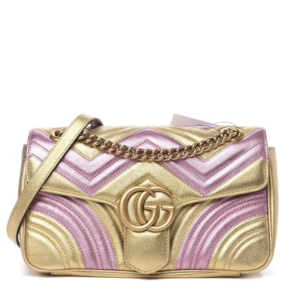 Gucci Metallic Calfskin Matelasse Small GG Marmont Shoulder Bag Gold Pink 1 of 11