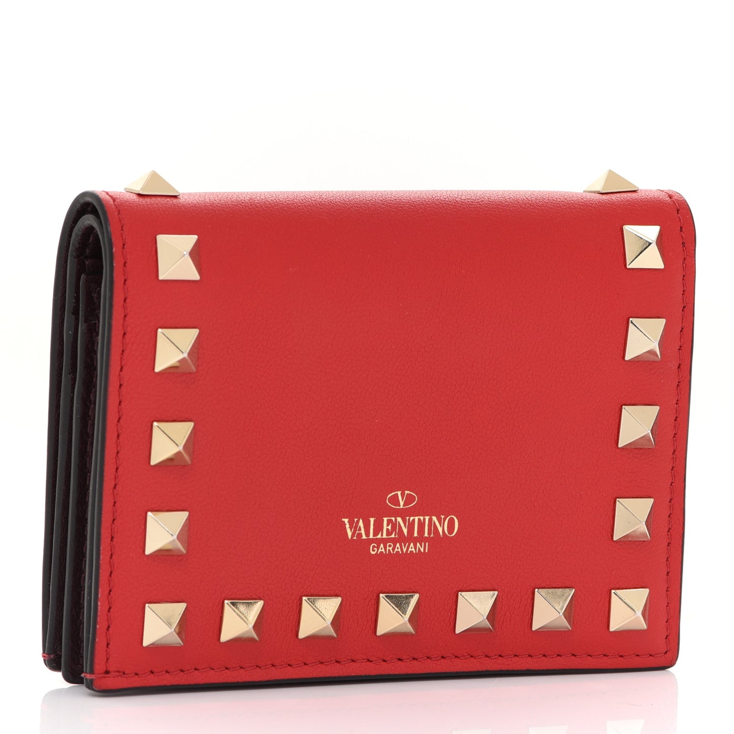 Calfskin Rockstud Bi-Fold Card Holder Rouge Pur Cerise