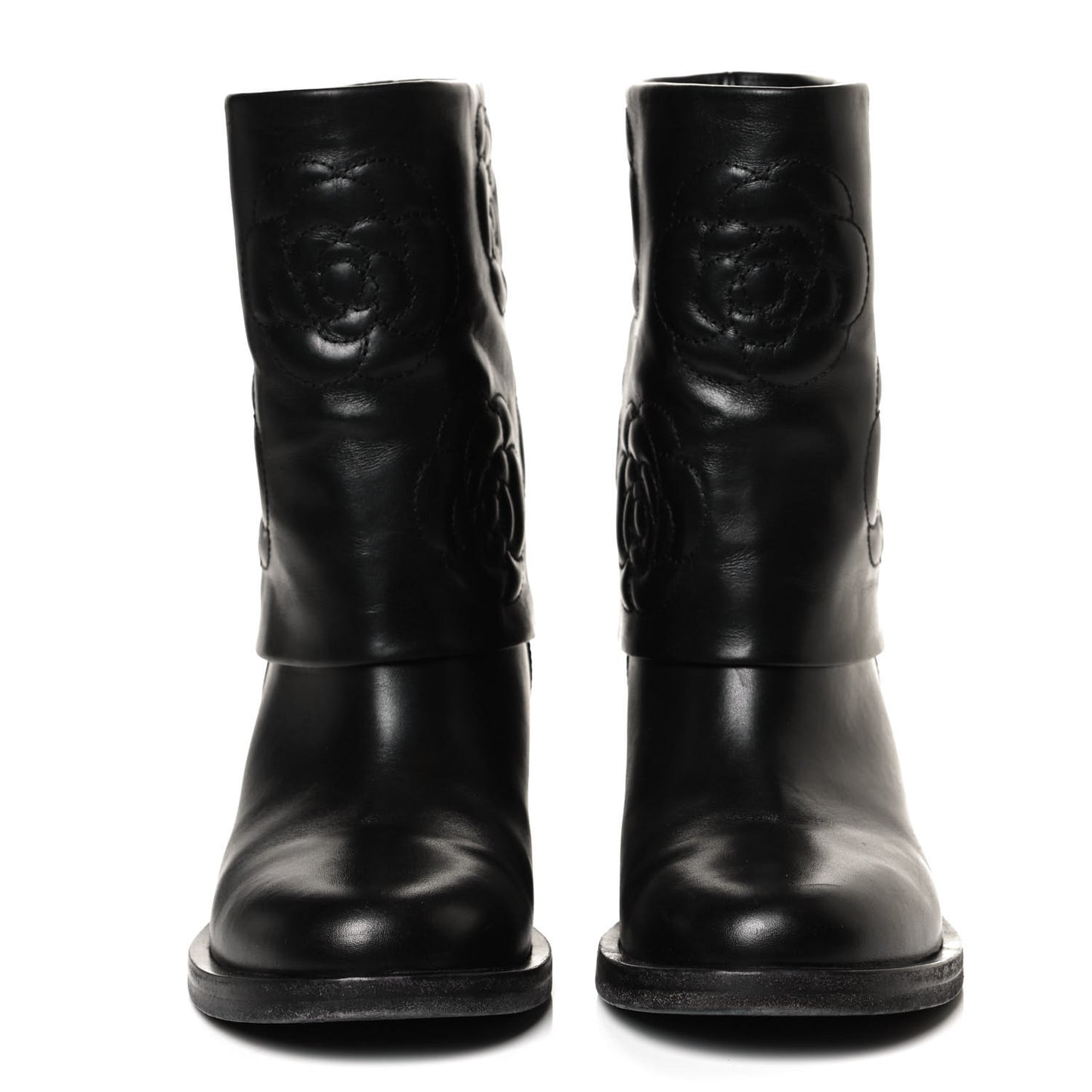 Calfskin Camellia Short Boots 38 Black