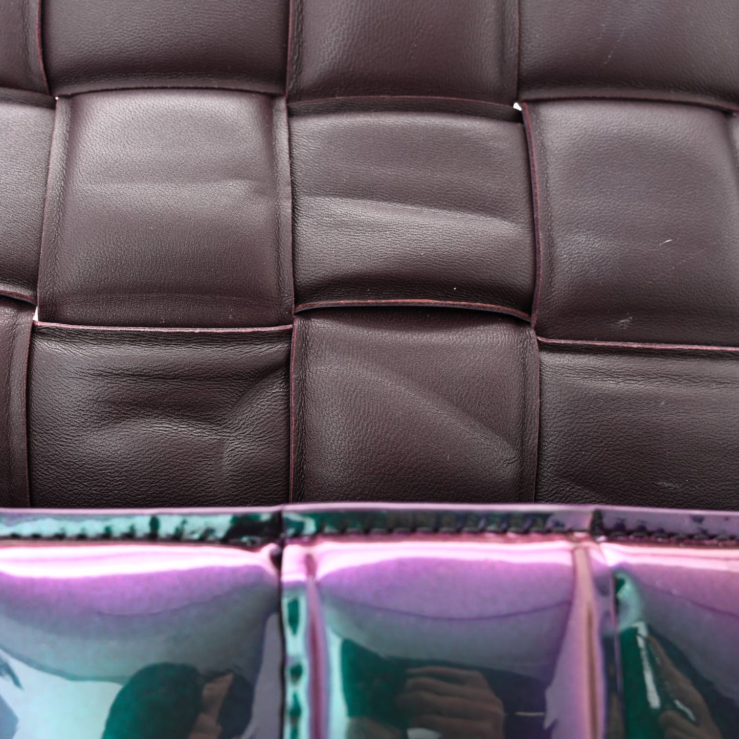 Glossy Nail Polish Nappa Maxi Intreccio Padded Cassette Crossbody Bag Holographic
