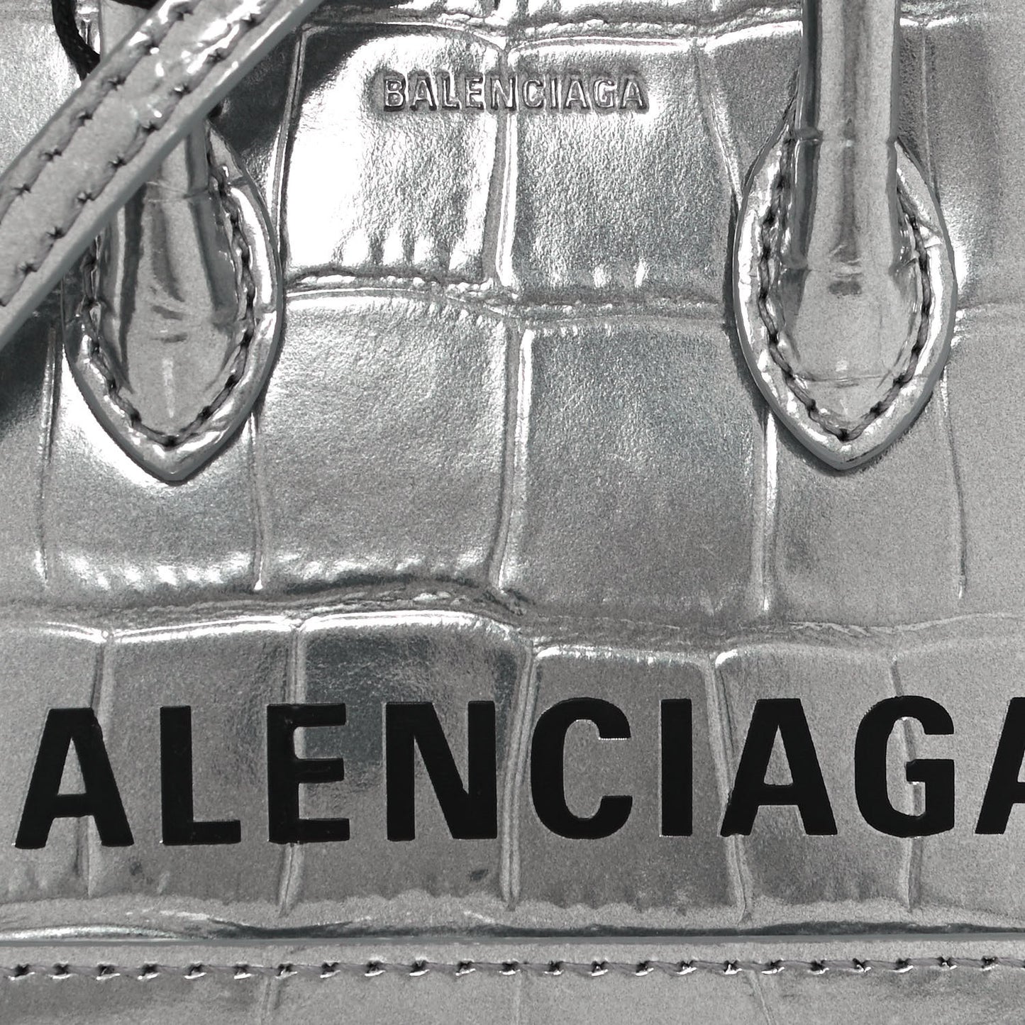 Metallic Calfskin Logo Crocodile Embossed Mini Ville Top Handle Bag Silver Black
