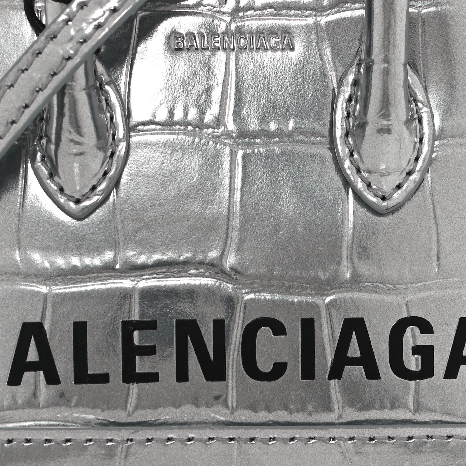 Balenciaga Metallic Calfskin Logo Crocodile Embossed Mini Ville Top Handle Bag Silver Black 7 of 12