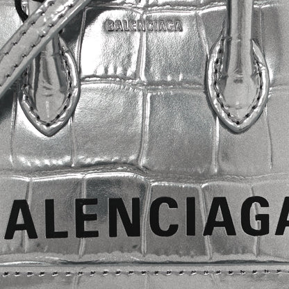 Balenciaga Metallic Calfskin Logo Crocodile Embossed Mini Ville Top Handle Bag Silver Black 7 of 12