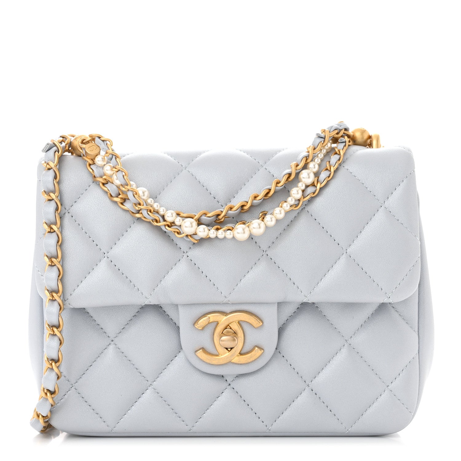 Chanel Shiny Lambskin Quilted Pearl Twist Mini Square Flap Light Grey 1 of 11