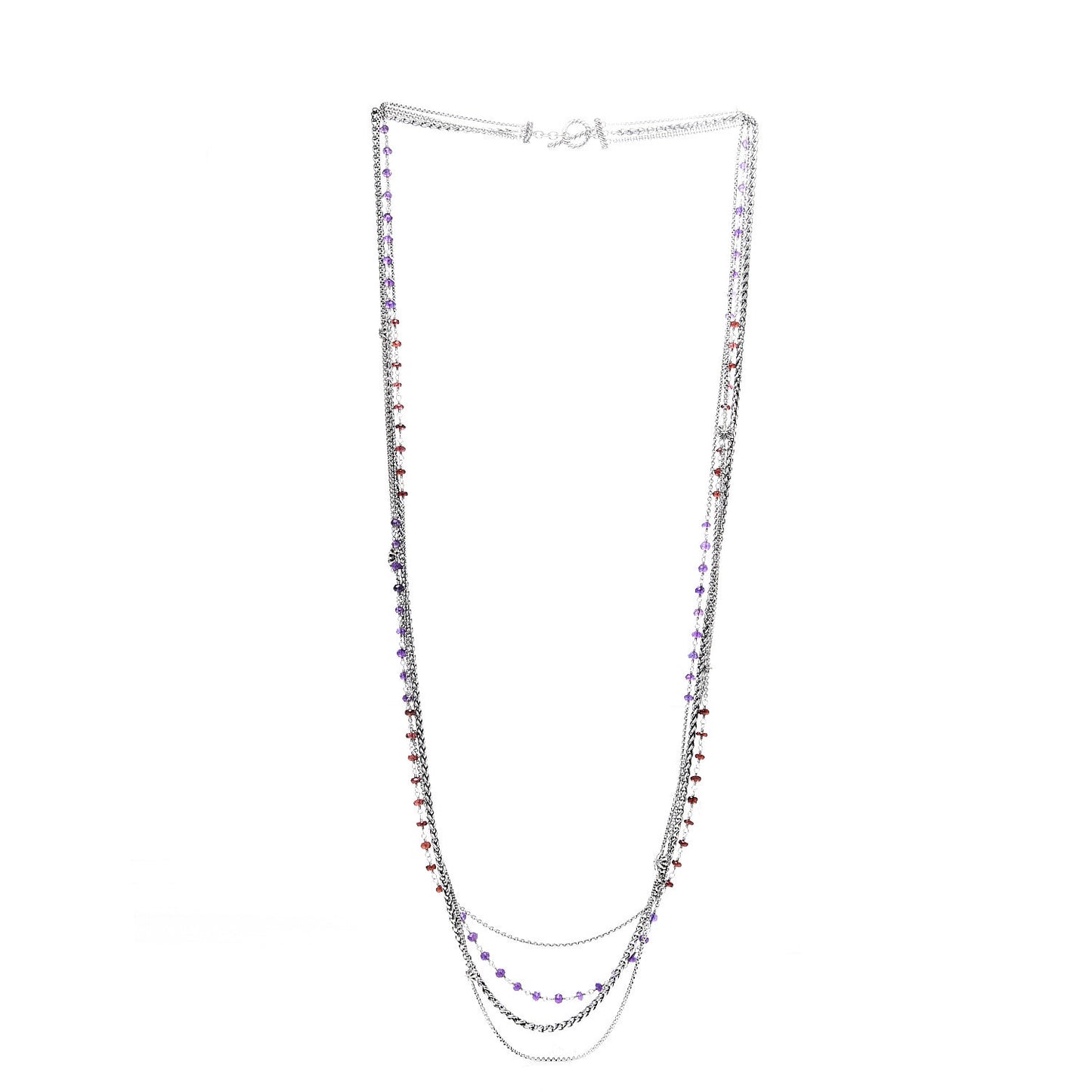 Sterling Silver Amethyst Garnet Multi Strand Starburst Chain Bead Necklace