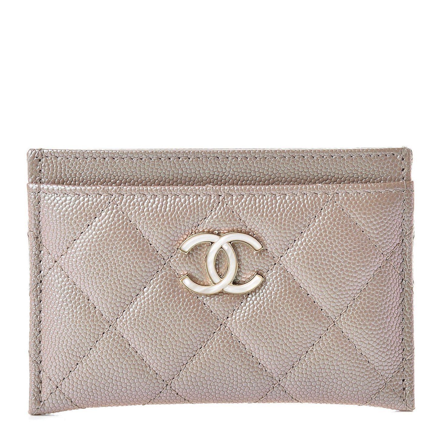 Iridescent Caviar Quilted Card Holder Beige