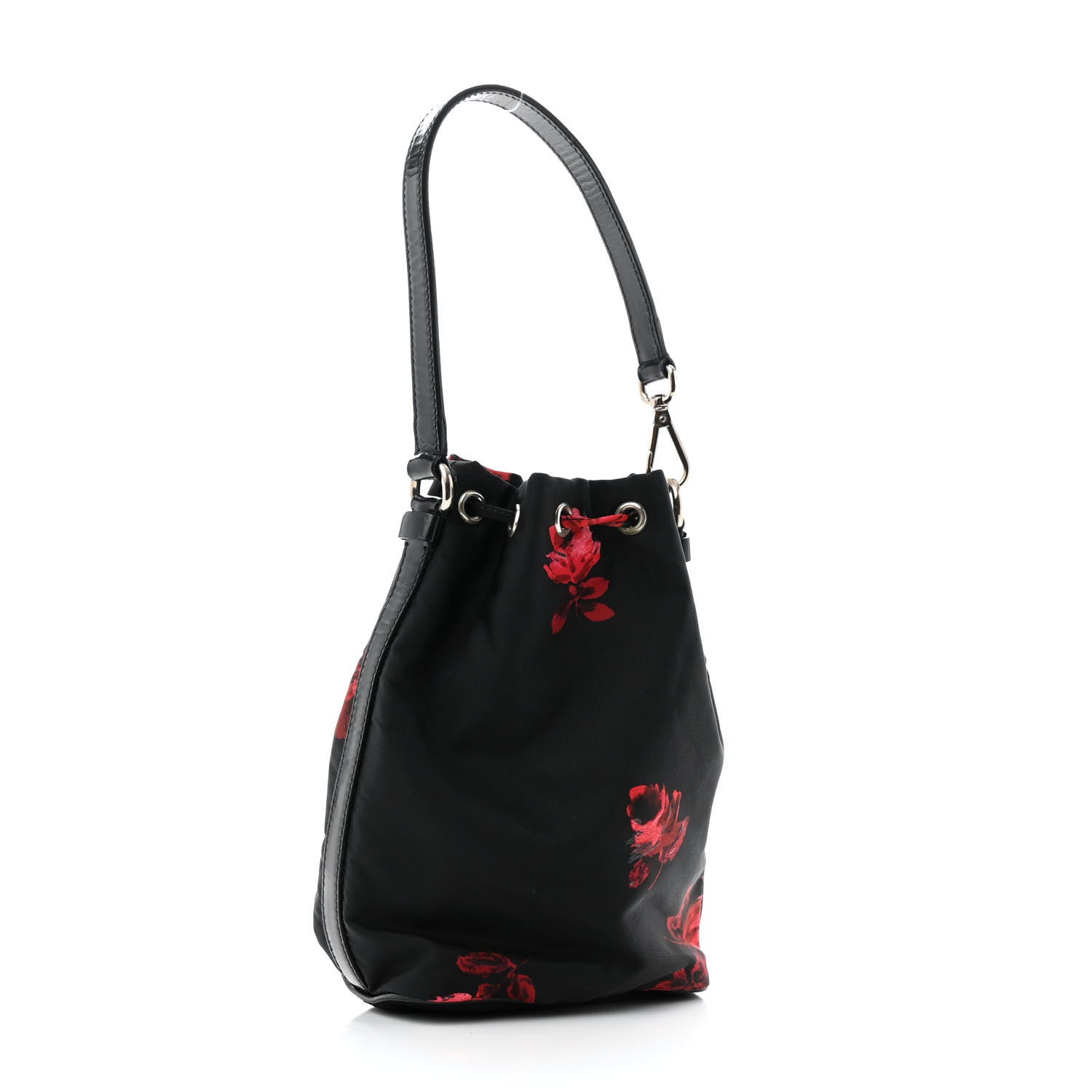 Prada Tessuto Nylon Spazzolato Rose Print Bucket Bag Black Rosso 3 of 13