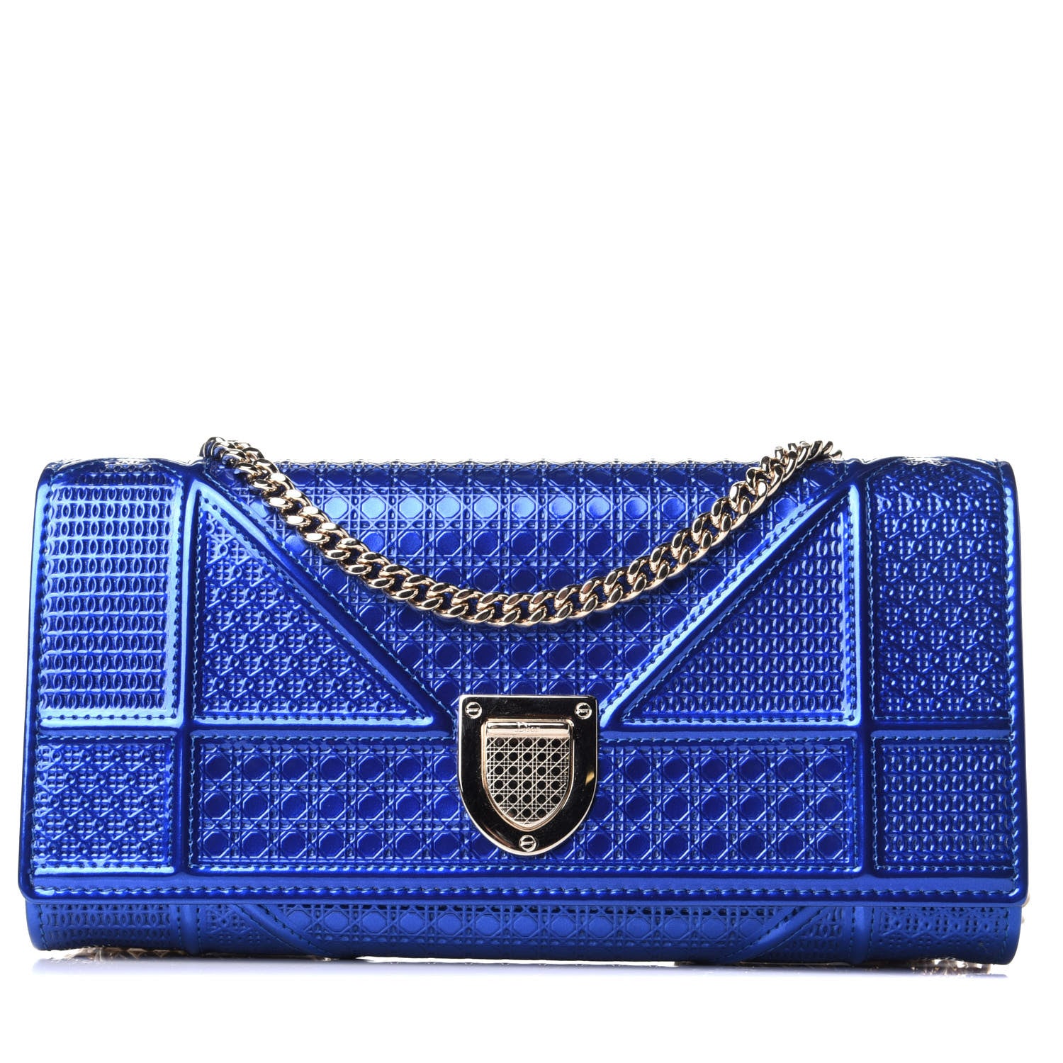 Christian Dior Metallic Patent Micro-Cannage Diorama Croisiere Chain Wallet Blue 1 of 3