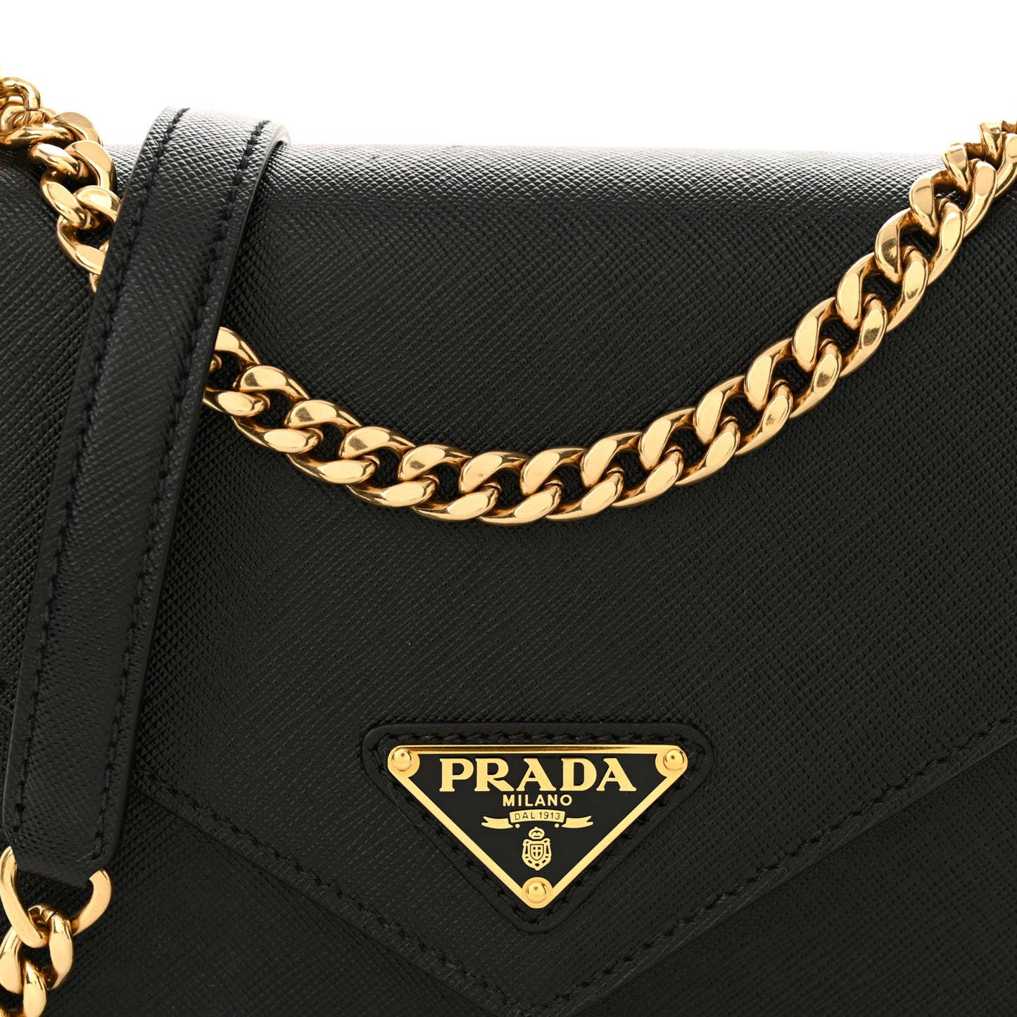Saffiano Soft Calfskin Metal Triangle Logo Envelope Chain Shoulder Bag Black