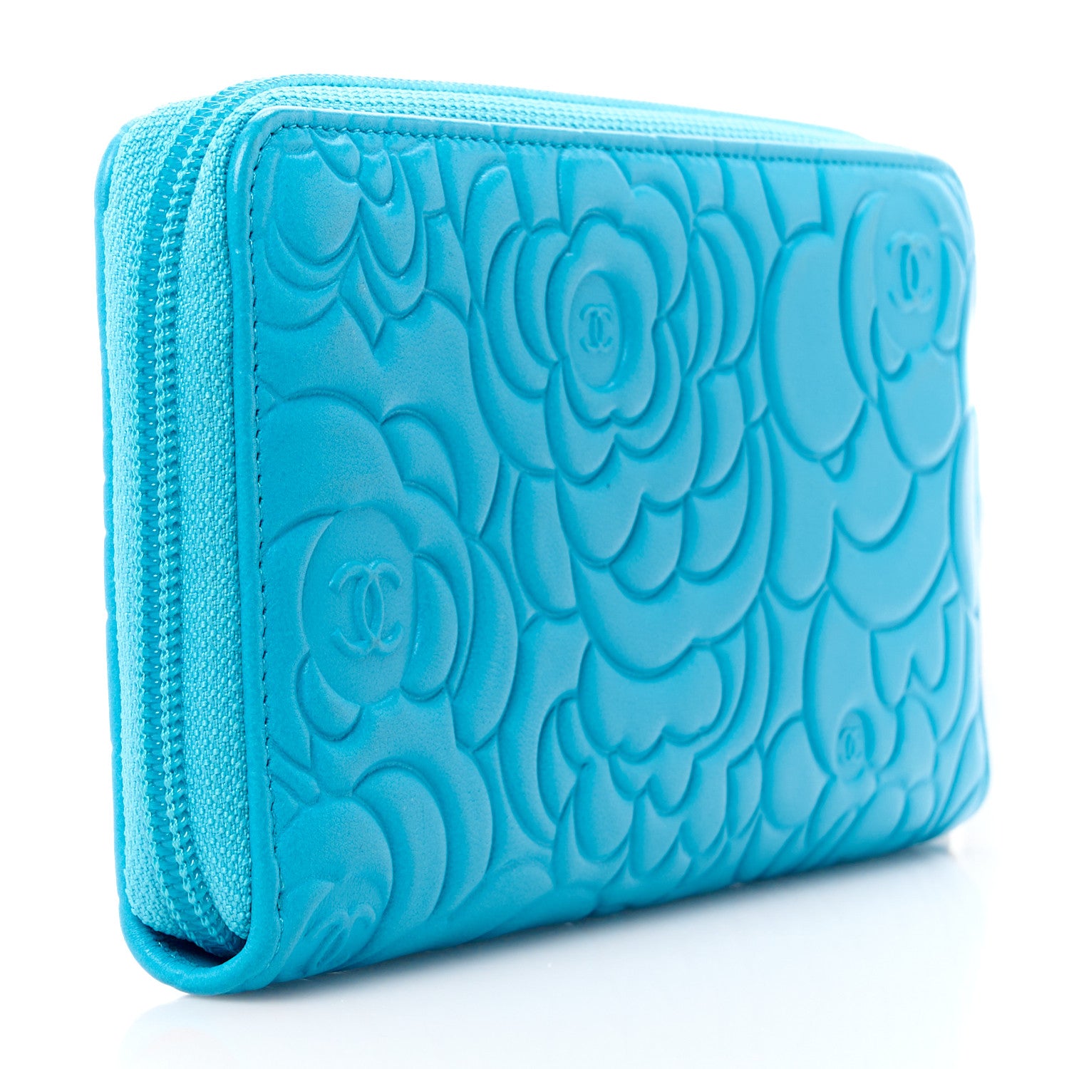 Chanel Lambskin Camellia Embossed Large Gusset Zip Around Wallet Turquoise 3 of 12
