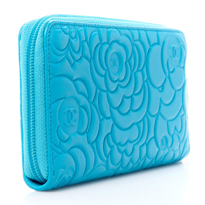 Chanel Lambskin Camellia Embossed Large Gusset Zip Around Wallet Turquoise 3 of 12