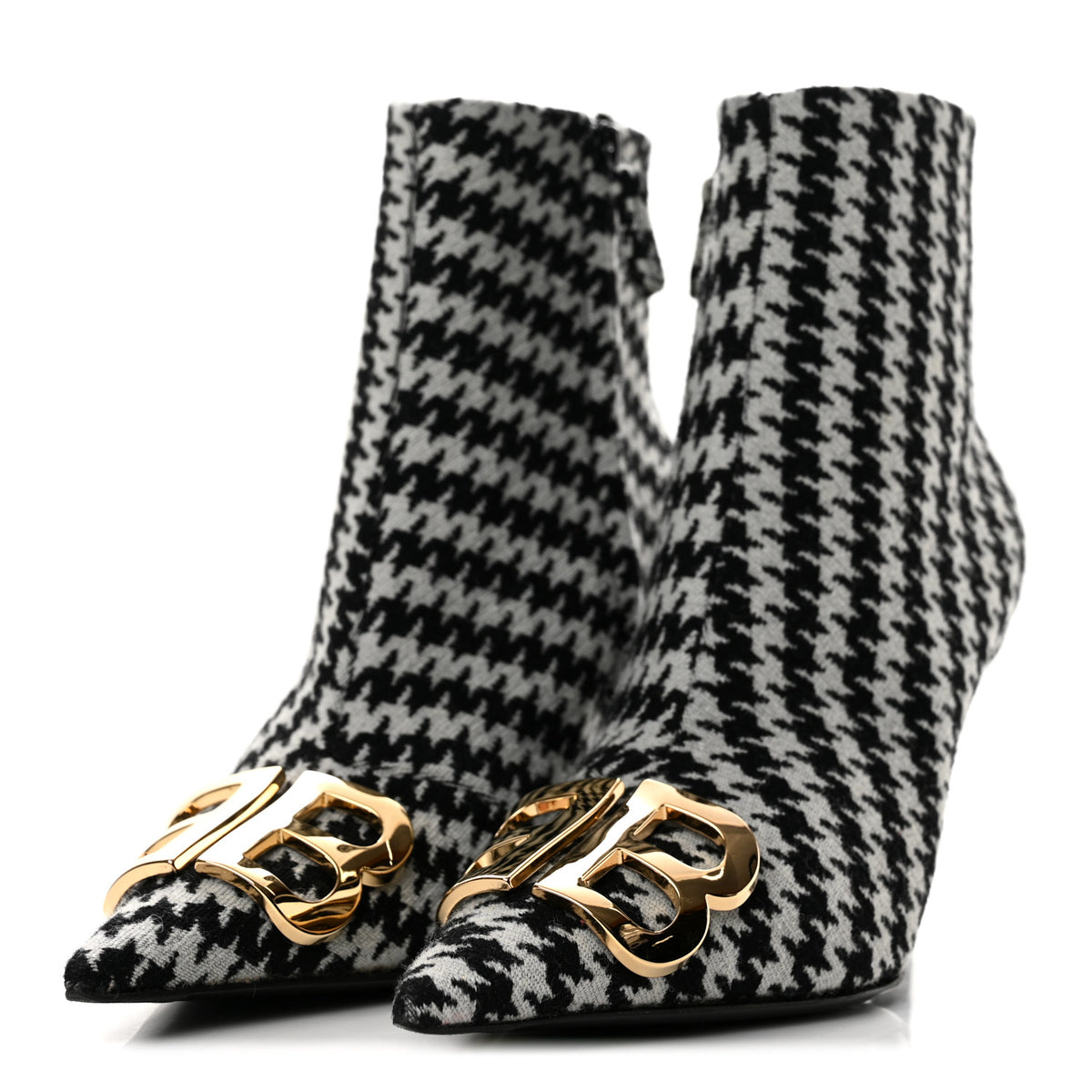 Wool Houndstooth BB Pointy Toe Ankle Booties 38 Black Ivory