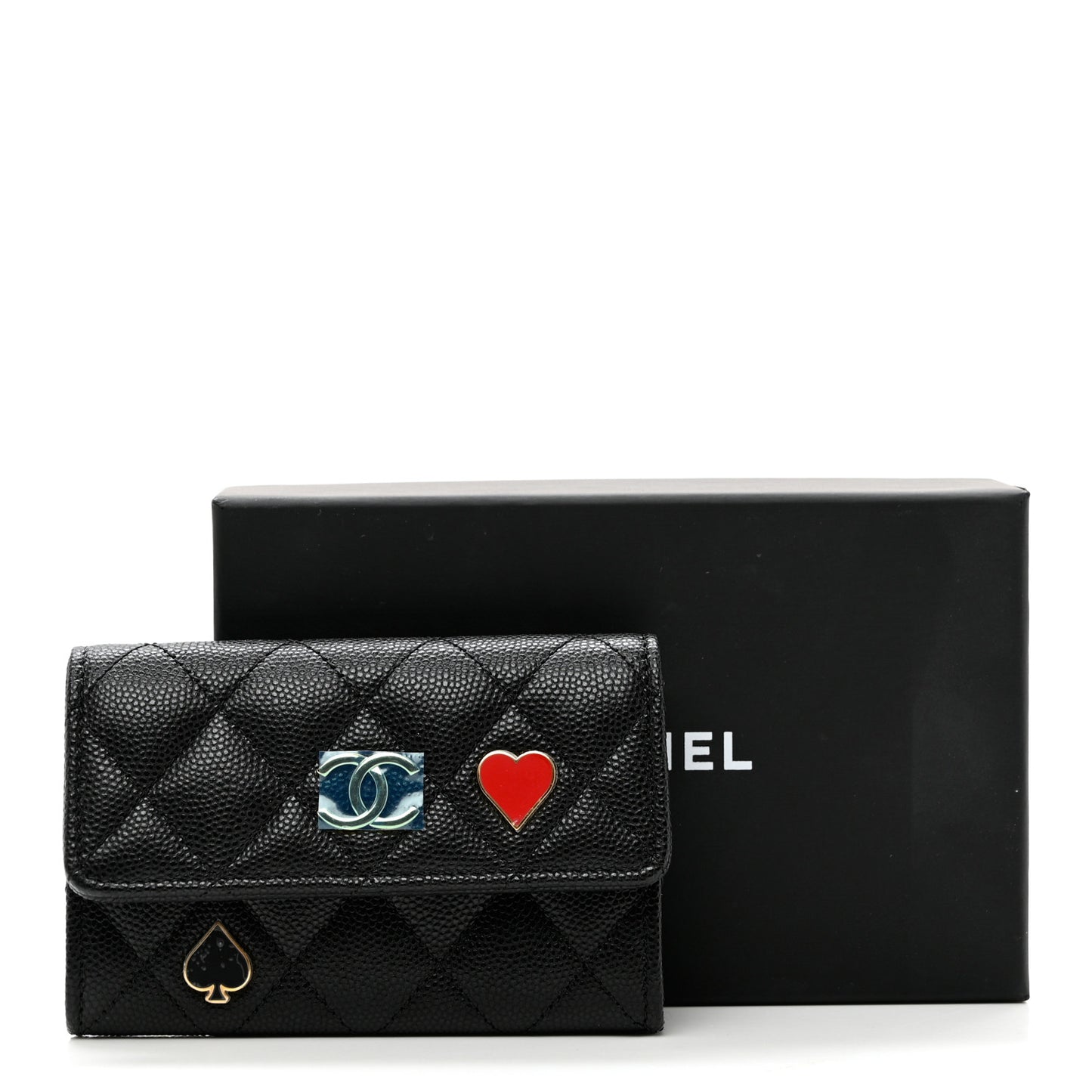 Caviar Quilted Enamel Coco Casino Flap Card Holder Wallet Black