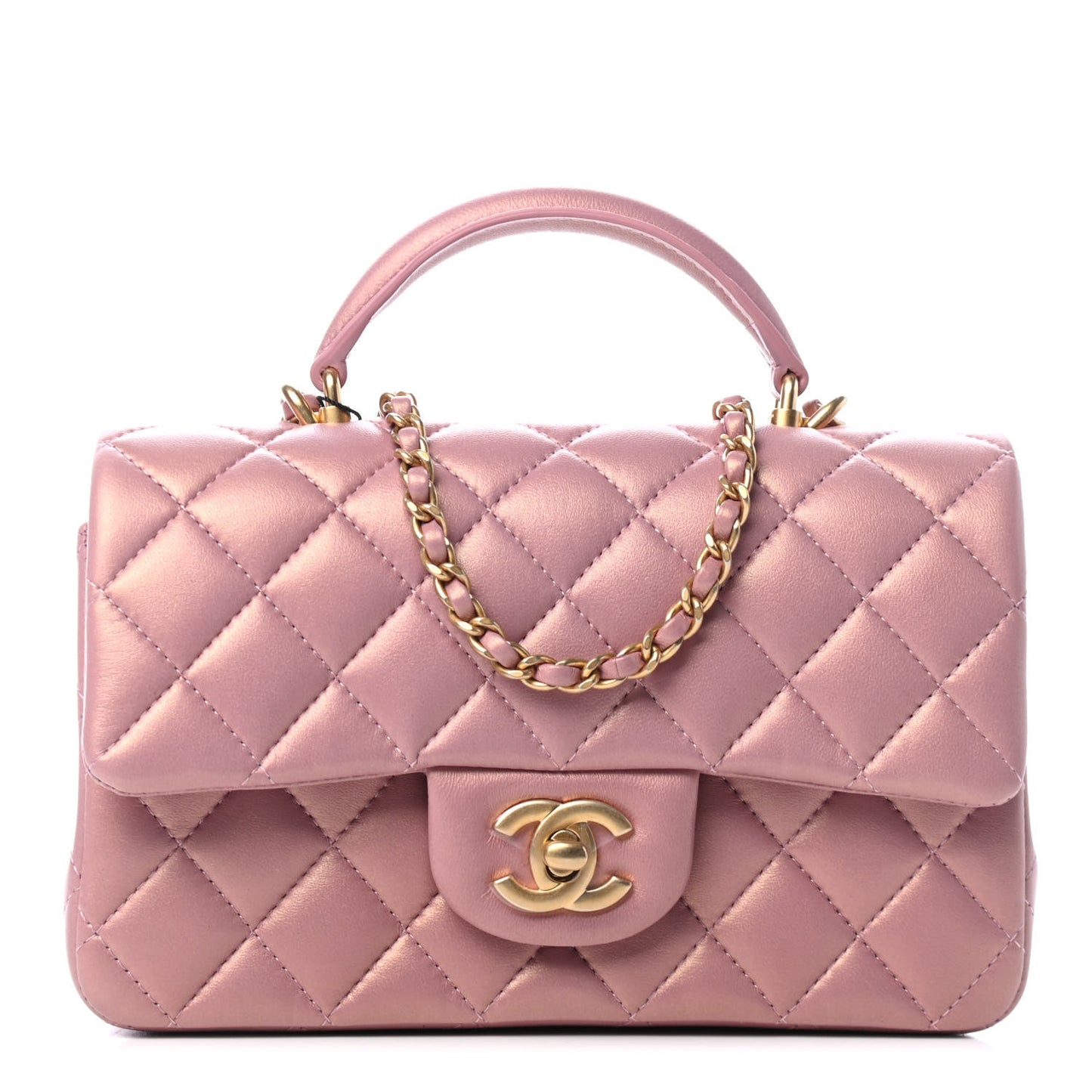 Iridescent Lambskin Quilted Mini Top Handle Rectangular Flap Pink