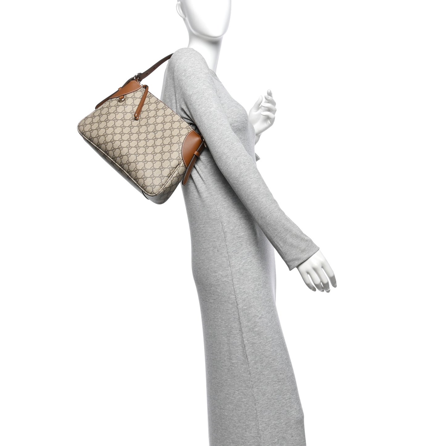 GG Supreme Monogram Textured Calfskin Medium Emblem Shoulder Bag Beige Dark Brown