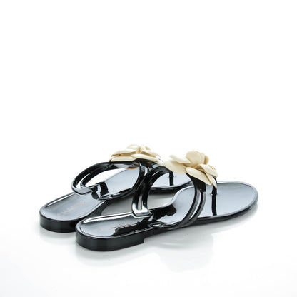 Chanel Jelly Camellia Thong Sandals 38 Black Ivory 8 of 16