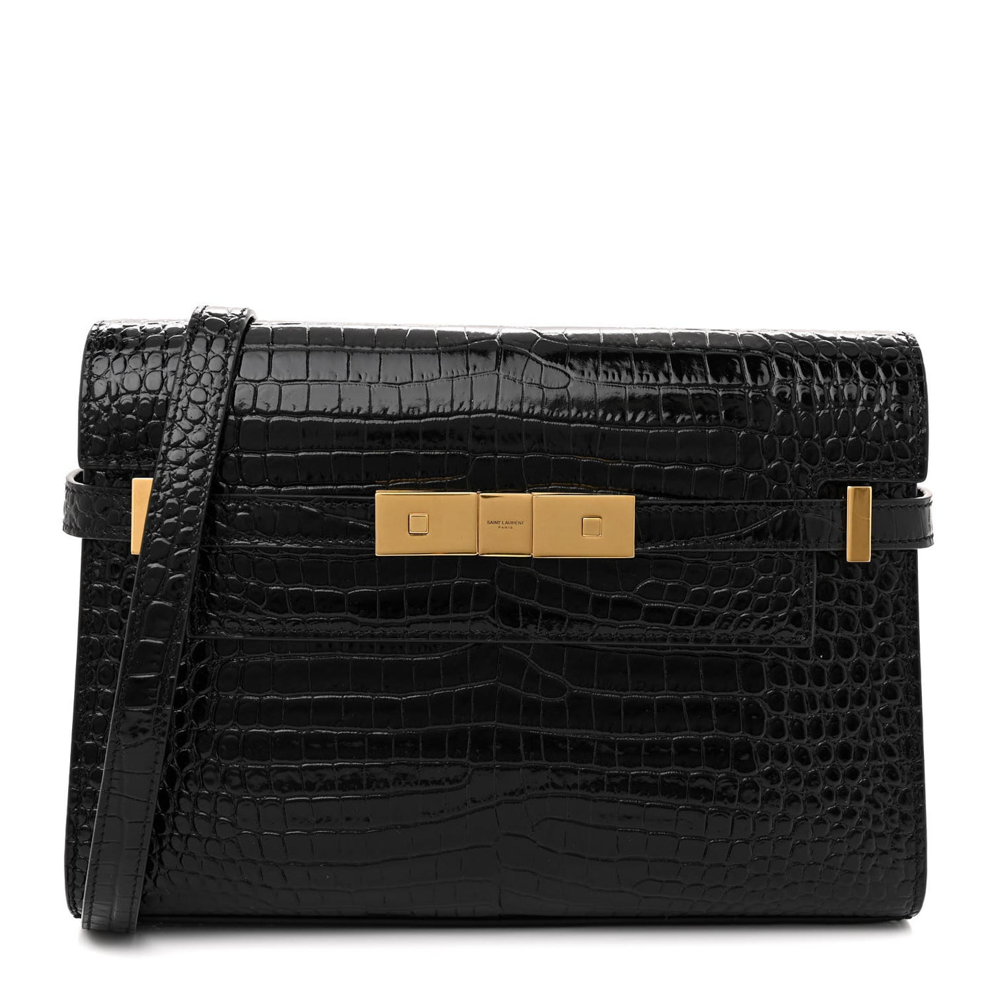 Shiny Calfskin Crocodile Embossed Small Manhattan Baguette Black