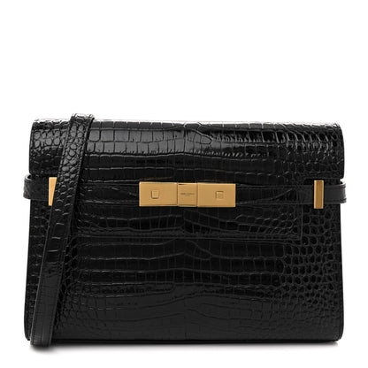 Saint Laurent Shiny Calfskin Crocodile Embossed Small Manhattan Baguette Black 1 of 11