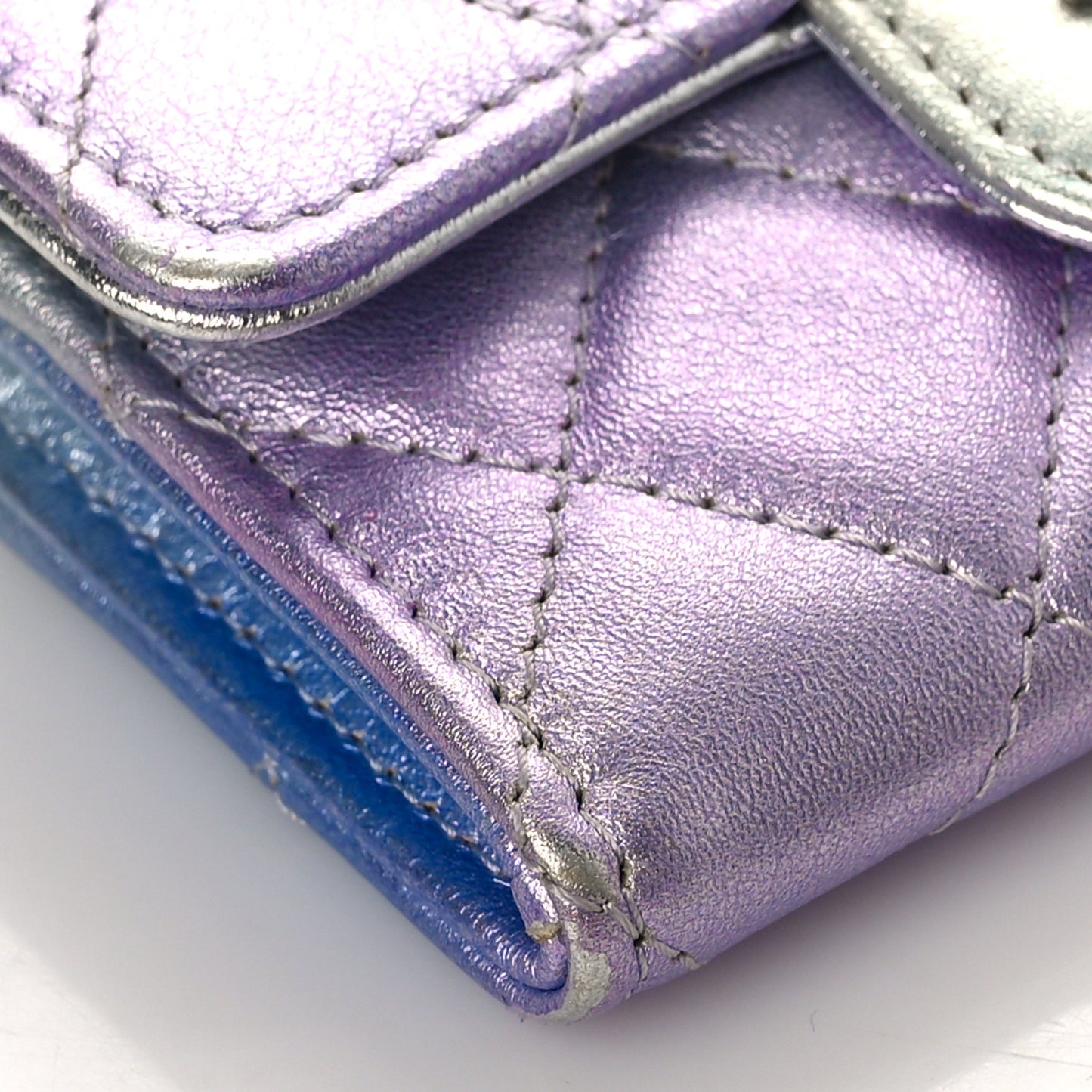 Gradient Metallic Calfskin Quilted Flap Card Holder Wallet Silver Blue Yellow Purple