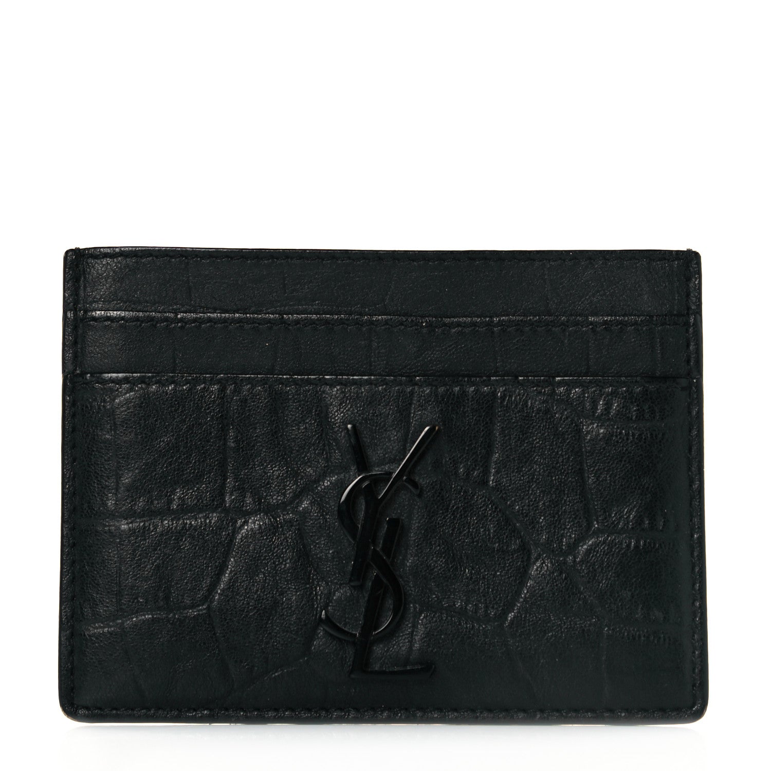 Saint Laurent Calfskin Crocodile Embossed Monogram Credit Card Case Black 1 of 9