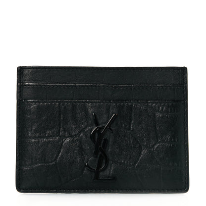 Saint Laurent Calfskin Crocodile Embossed Monogram Credit Card Case Black 1 of 9