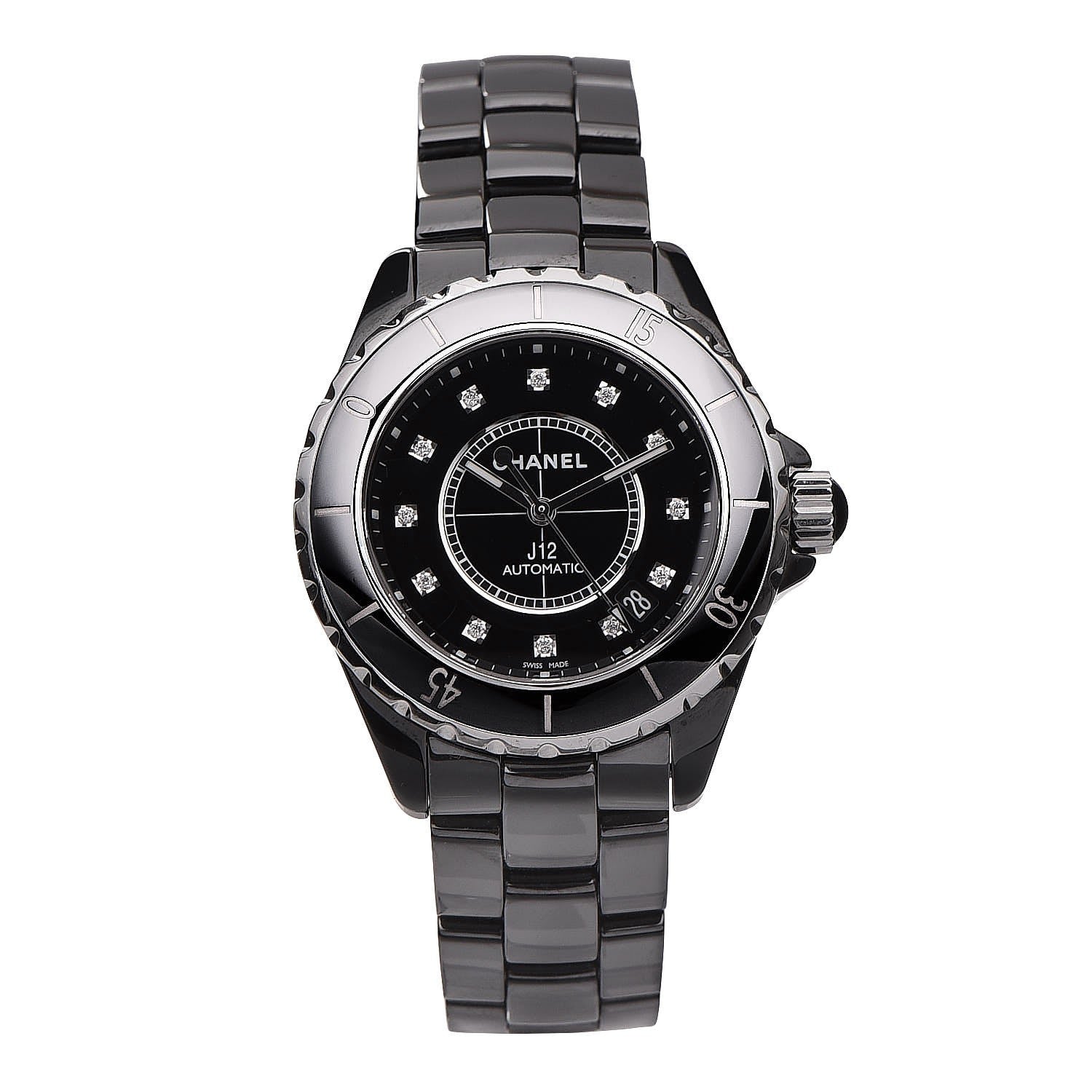 Chanel Stainless Steel Ceramic Diamond 38mm J12 Automatic Watch Black 1 of 8